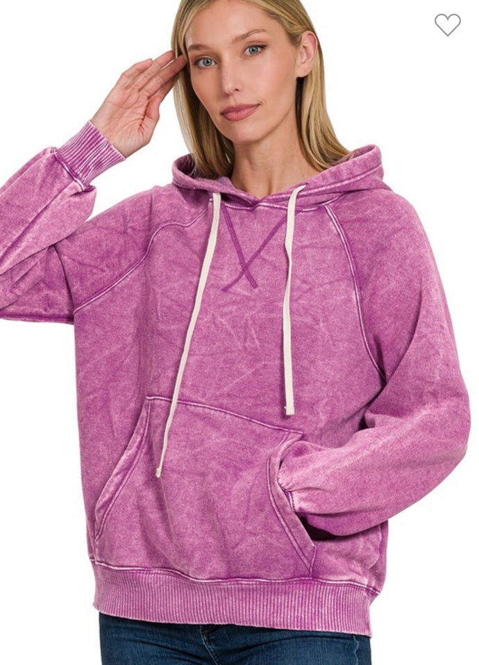 Zenana Lt Plum Acid Wash Fleece Hoodie with Pockets