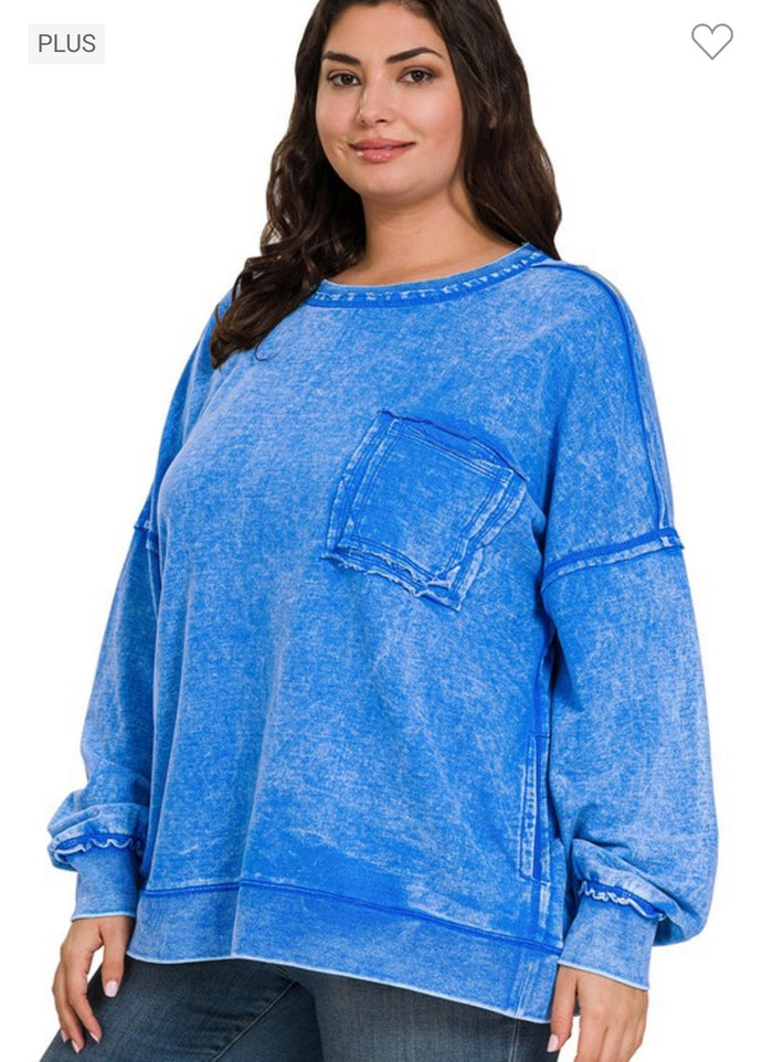 Zenana Ocean Blue Acid Wash Pullover