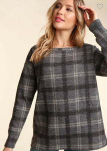 Grey Checker Plaid Long Sleeve Top