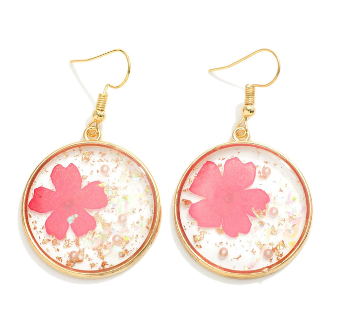 Pink Enamel Flower Drop Earring