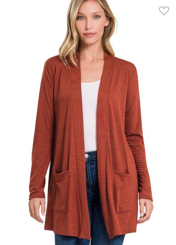 Dark Rust Slouchy Pocket Open Cardigan