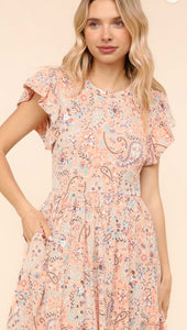 Haptics Peach Paisley Midi Dress w/ Ruffle Short Sleeve