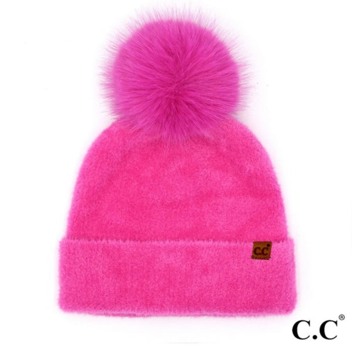 C.C. Hot Pink Plush Terry Chenille Pom Beanie