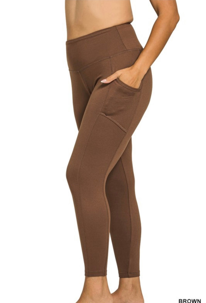 Zenana Brown Brushed Microfiber Full Length Leggings with Pocket