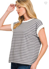 Load image into Gallery viewer, Zenana Charcoal Stripe Tee with Cap Sleeve
