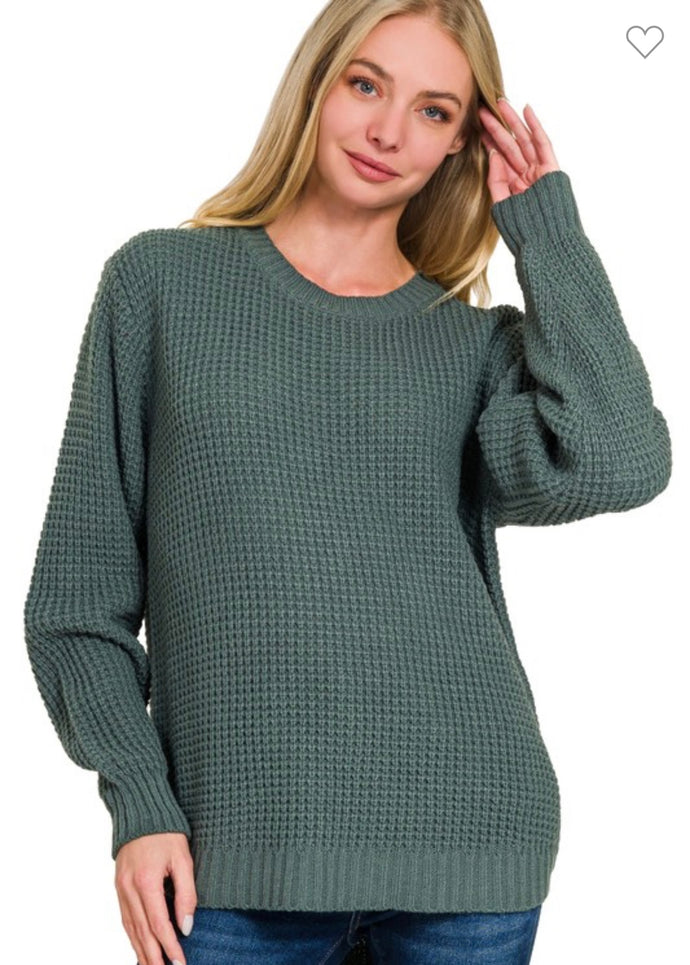 Zenana Ash Jade Long Sleeve Round Neck Waffle Sweater