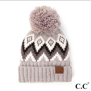 Light Grey Aztec Chevron Beanie with Pom