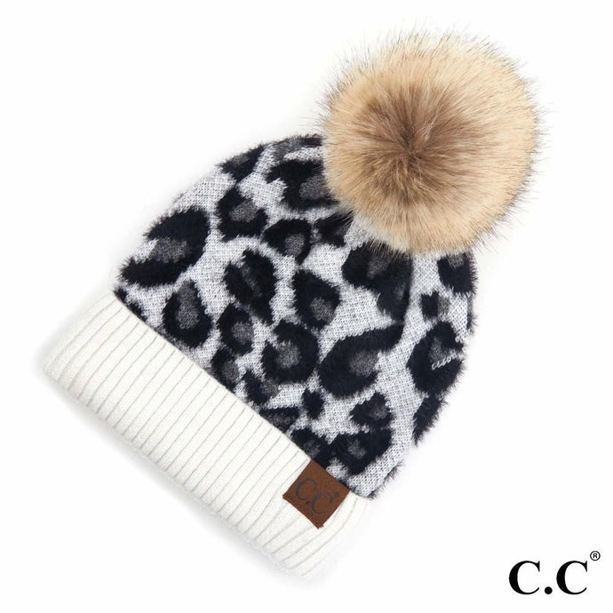 C.C. Ivory Leopard Print Beanie with Pom