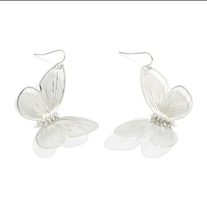 Metal Tone Butterfly Drop Earring with Cut Out Detail & Rhinestones