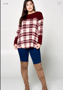 Emerald Burgundy Plaid Button Back Top