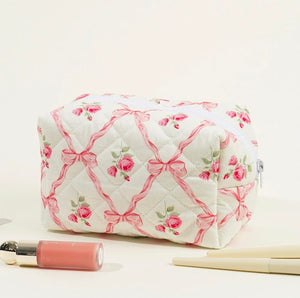 Pink Flower & Bow Print Quilted Stitched Makeup Pouch