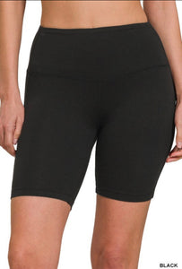 Zenana Black Brushed Wide Waistband Biker Shorts