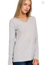 Load image into Gallery viewer, Heather Grey Cotton V-neck Long Sleeve T-shirt
