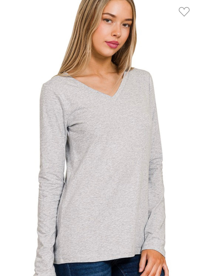 Heather Grey Cotton V-neck Long Sleeve T-shirt