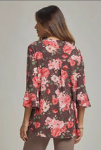 Load image into Gallery viewer, Dear Scarlett Chocolate Floral Lizzy Bell Sleeve Top
