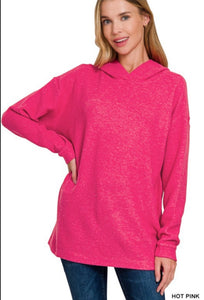 Zenana Hot Pink Brushed Melange Hacci Hoodie