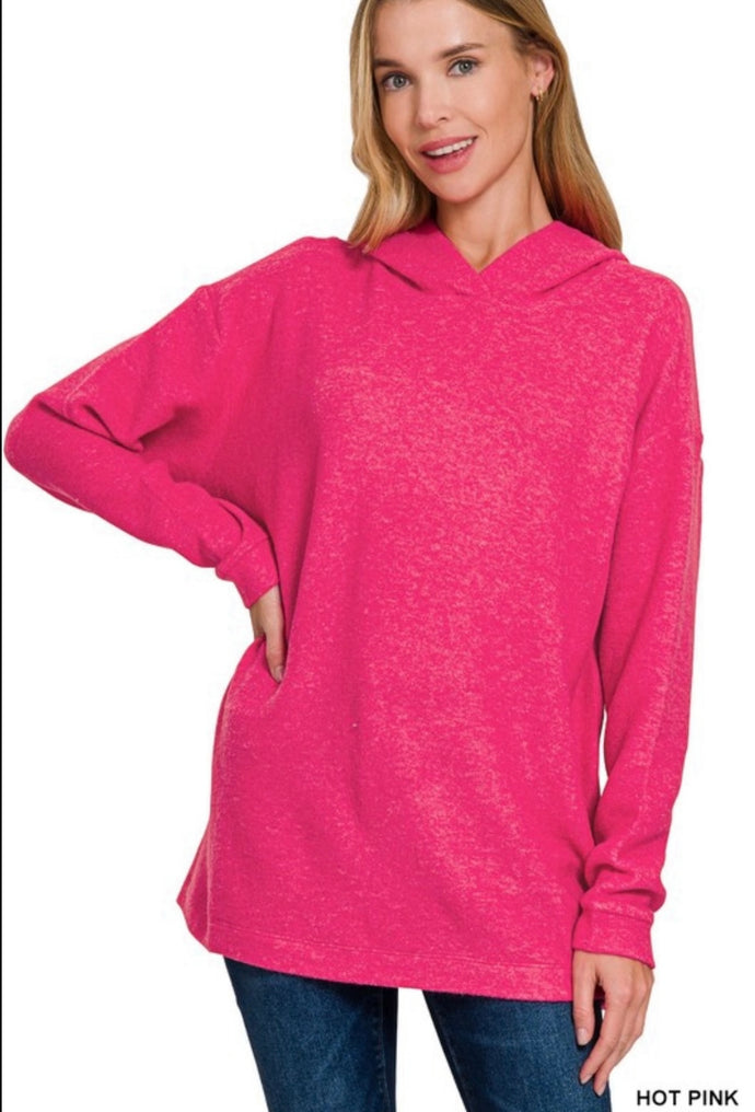 Zenana Hot Pink Brushed Melange Hacci Hoodie
