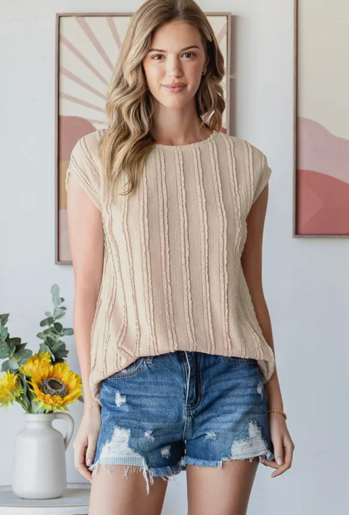 7th Ray Beige Textured Cap Sleeve Blouse
