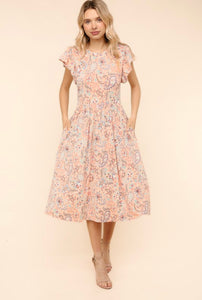 Haptics Peach Paisley Midi Dress w/ Ruffle Short Sleeve