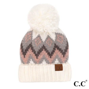 C.C. Ivory Aztec Chevron Beanie with Pom