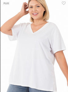 Zenana White Boyfriend V-neck Tee