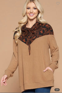 Emerald Brushed Hacci Brown Animal Cowl Neck Pullover