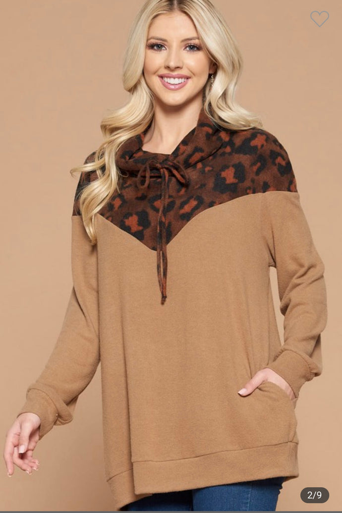 Emerald Brushed Hacci Brown Animal Cowl Neck Pullover