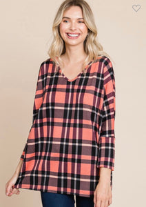 Coral Plaid V-neck Top