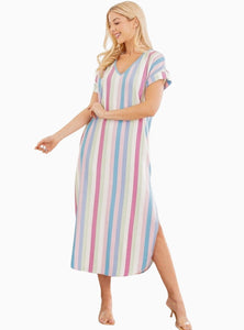 Heimish Multi Color Stripe Short Sleeve V-neck Midi Dress