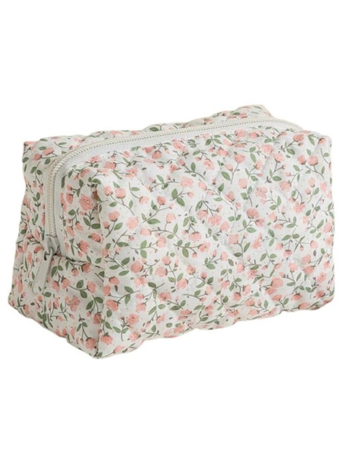 Pink Ditsy Floral Quilted Cosmetic Pouch Bag