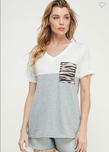 Grey Combo Animal Print Pocket Short Sleeve Top