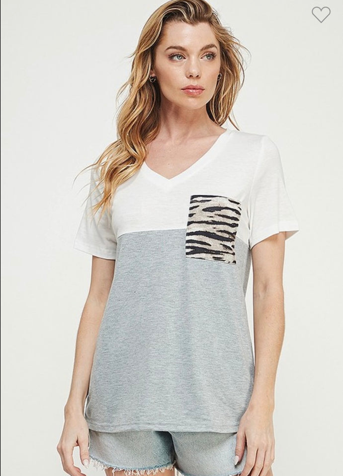 Grey Combo Animal Print Pocket Short Sleeve Top