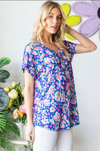Heimish Bright Blue Floral Short Sleeve Top