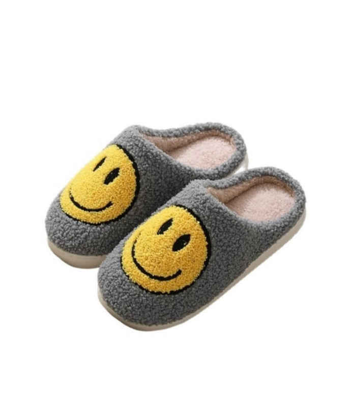 Grey Smiley Soft Plush Cozy Slippers