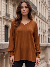 Load image into Gallery viewer, Dear Scarlett Mocha Brown Ribbed V-neck Smocked Sleeve Top
