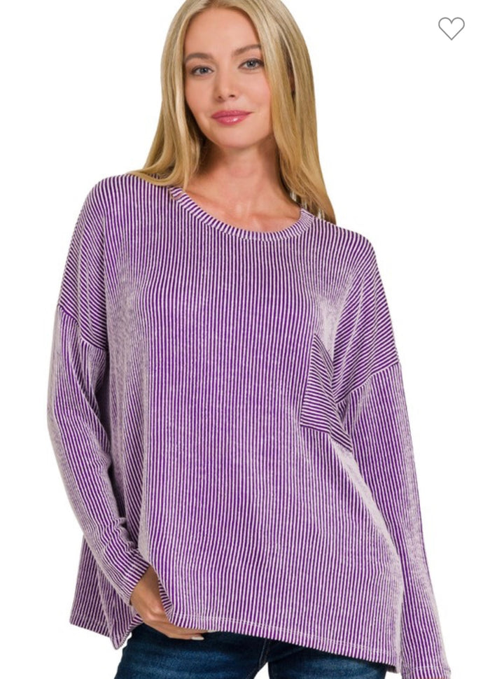 Zenana Violet Ribbed Striped Long Sleeve Top