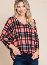 Load image into Gallery viewer, Coral Plaid V-neck Top
