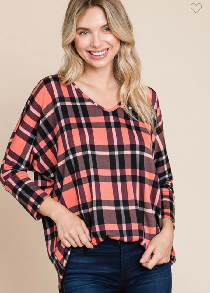 Coral Plaid V-neck Top