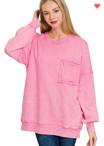 Zenana Candy Pink Acid Wash Pullover