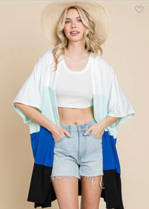 Sky Blue Color Block Short Sleeve Duster Cardigan