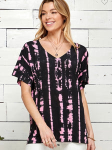 Pink/Black Tie Dye V-neck Short Sleeve Top