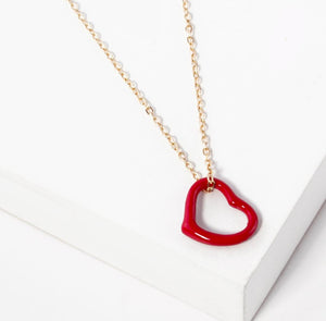 Chain Link Necklace Featuring Red Hollow Heart Pendant