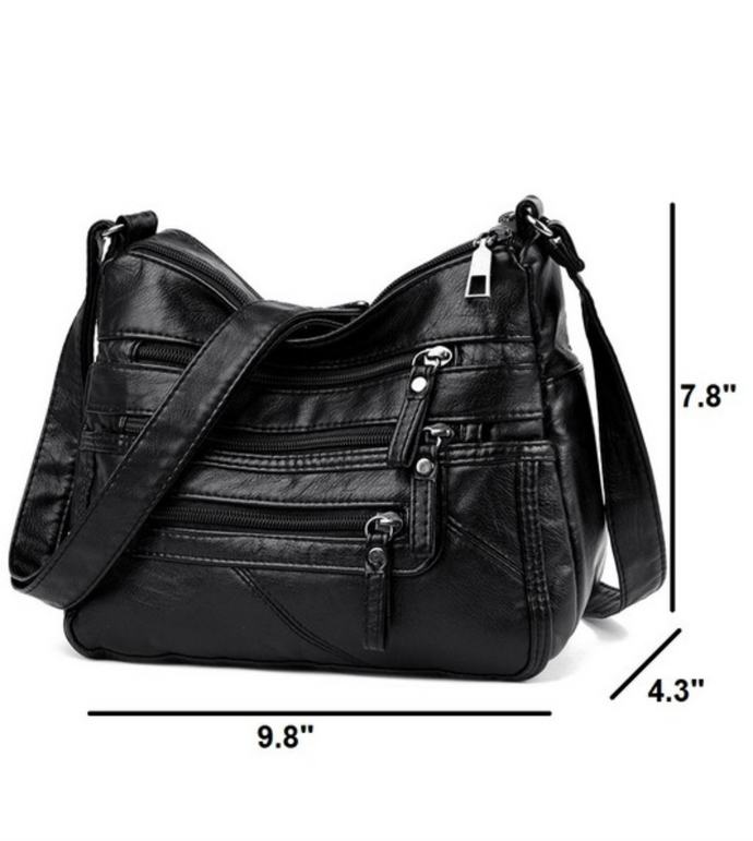 Black Vegan Leather Multi Zipper Pocket Crossbody Bag