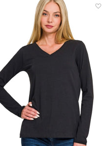 Black Cotton V-neck Long Sleeve T-shirt