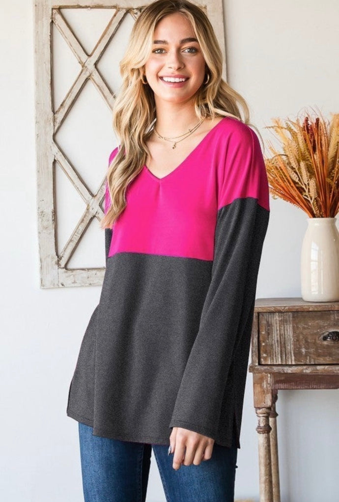 Two Tone Fuchsia/Charcoal Long Sleeve Top