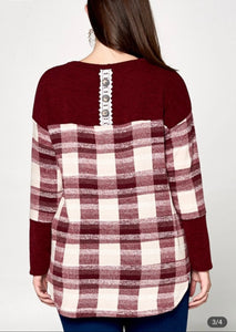 Emerald Burgundy Plaid Button Back Top