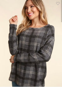 Grey Checker Plaid Long Sleeve Top