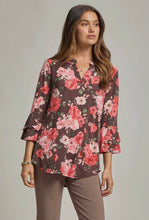 Load image into Gallery viewer, Dear Scarlett Chocolate Floral Lizzy Bell Sleeve Top

