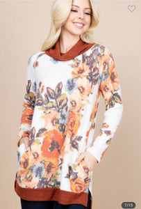 Emerald Rust/Ivory Floral Print Cowl Neck Pullover