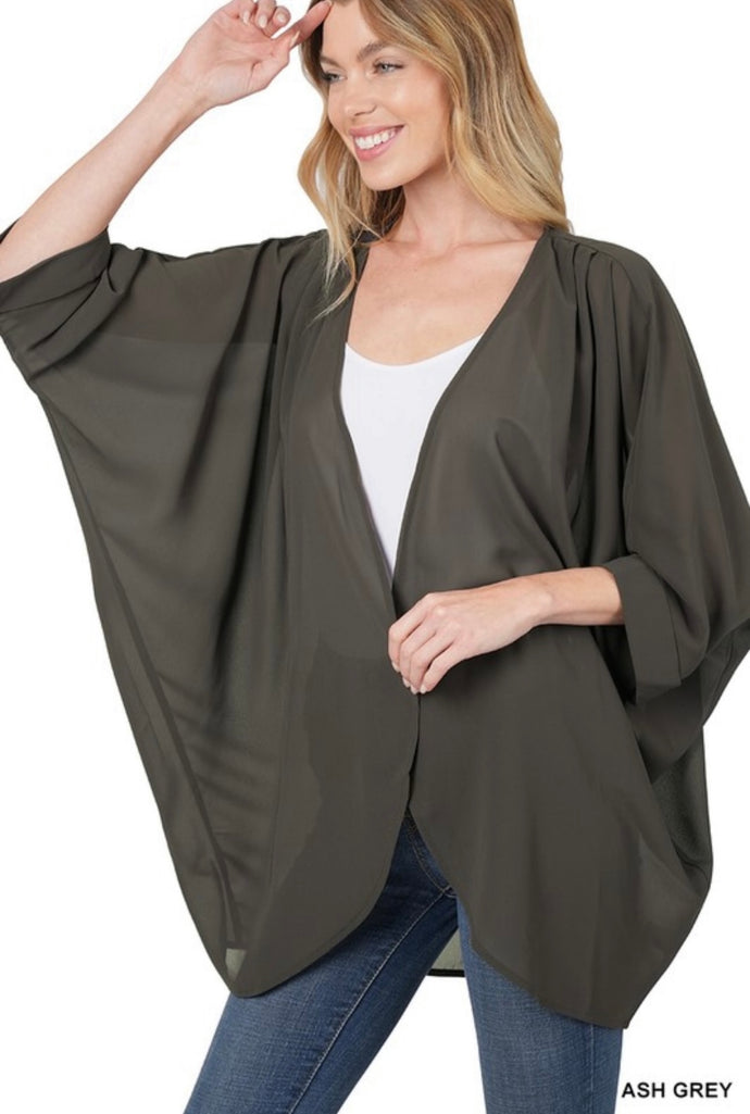 Zenana Ash Grey Chiffon Cardigan with Shoulder Pleat